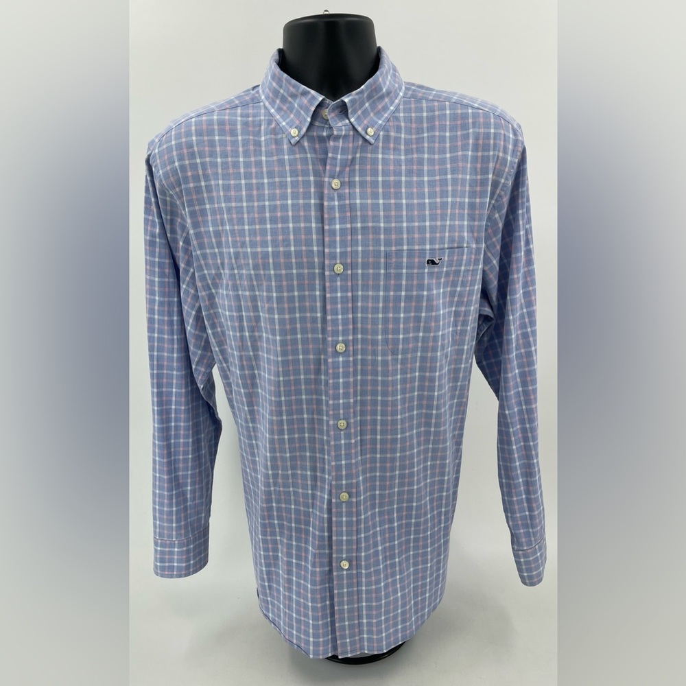 Vineyard Vines Classic Fit Tucker Buttondown Blue & Pink Plaid Shirt Men’s Large